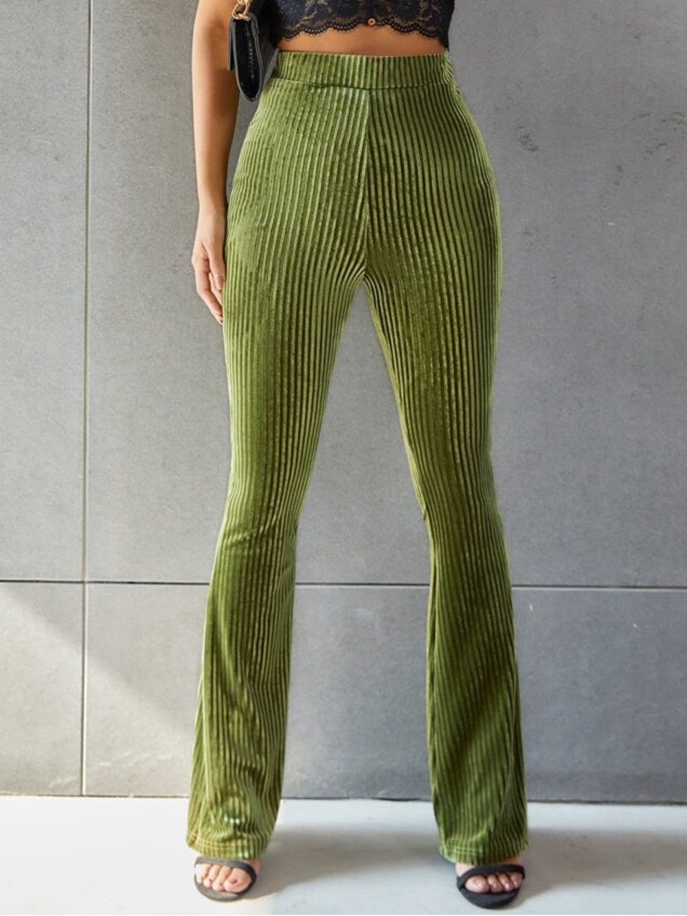 Olive Green Ribbed Velvet Flare Pants